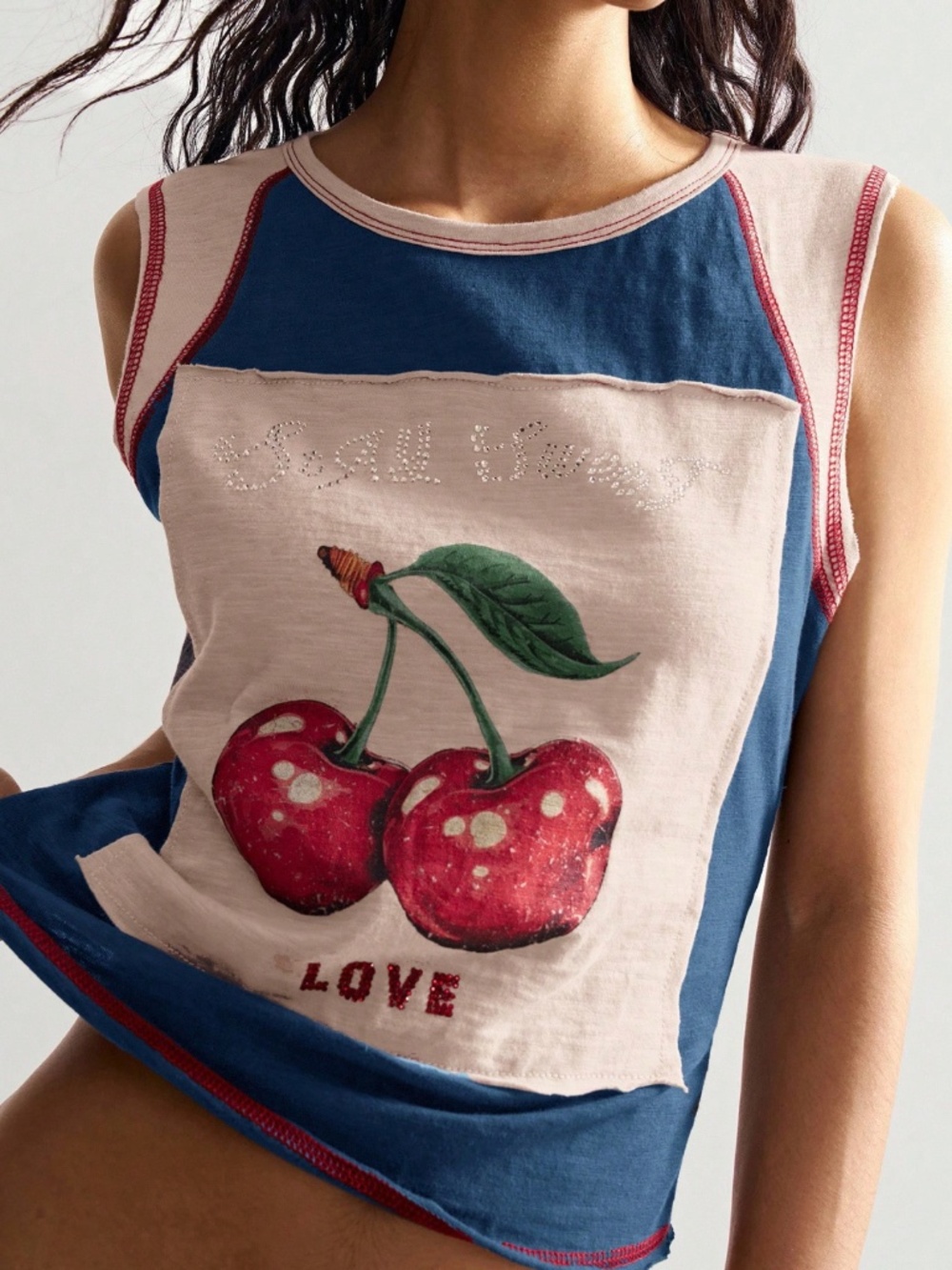 100% Cotton Cherry Print Blue Tank Top Rhinestone Embellished